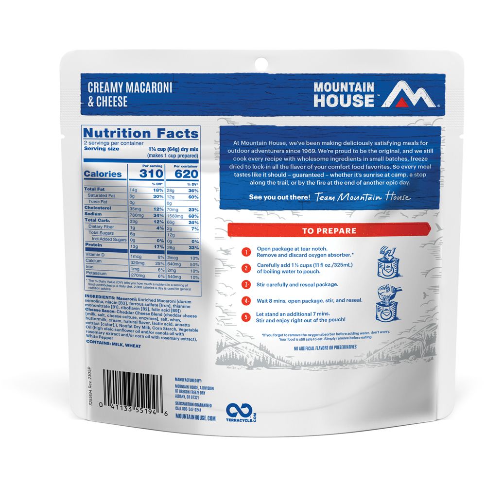 MOUNTAIN HOUSE CREAMY MACARONI AND CHEESE CLEAN LABEL