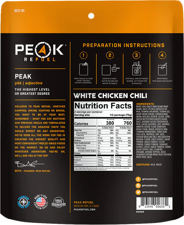 Peak Refuel White Chicken Chili Freeze Dried Meal