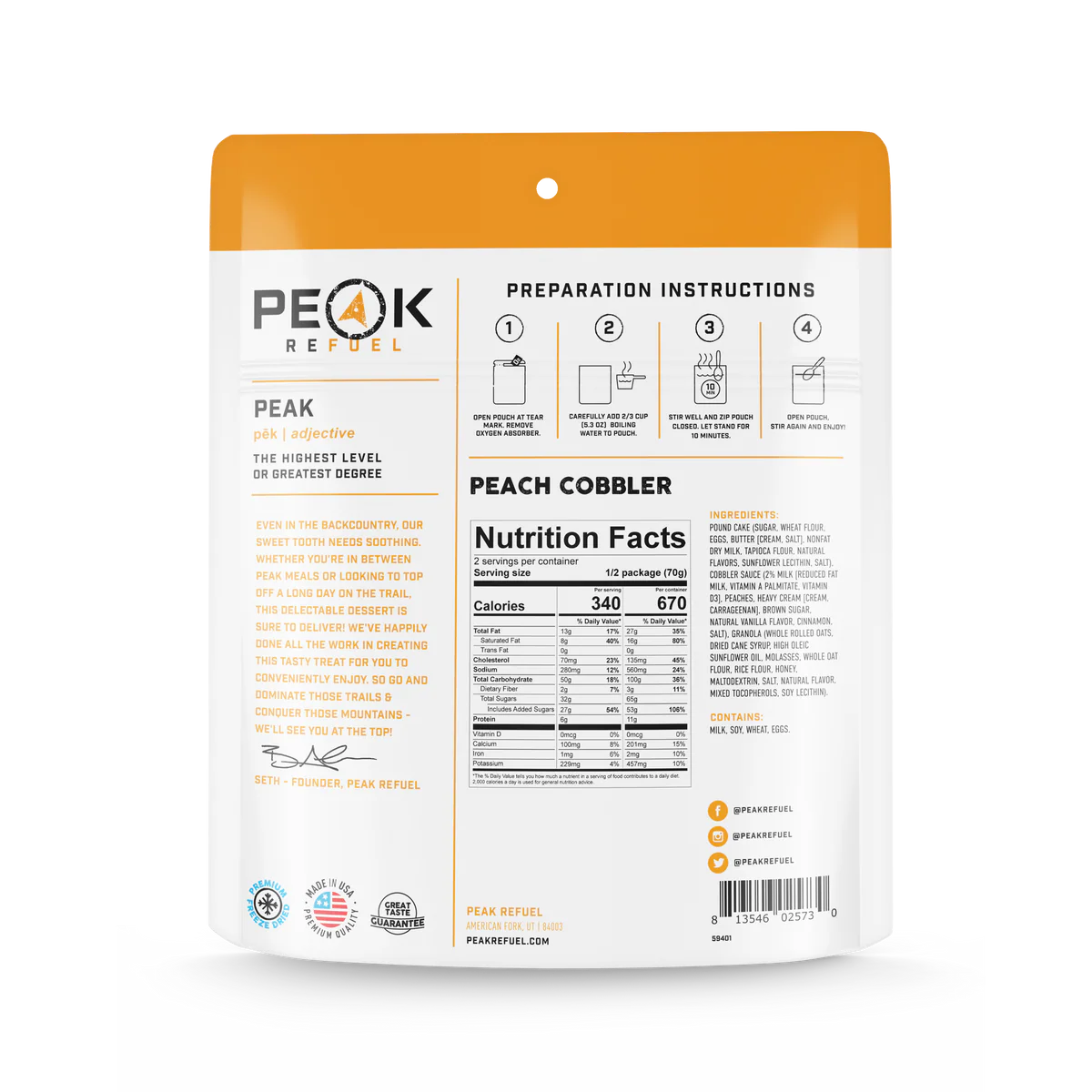 Peak Refuel Peach Cobbler Freeze Dried Meal